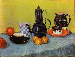 Still Life: Blue Enamel Coffeepot, Earthenware and Fruit