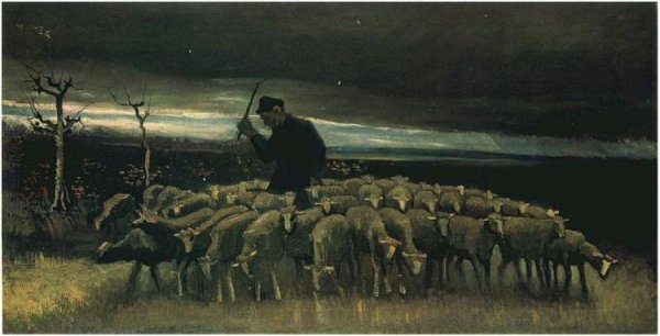 shepherd with a flock of sheep 1884