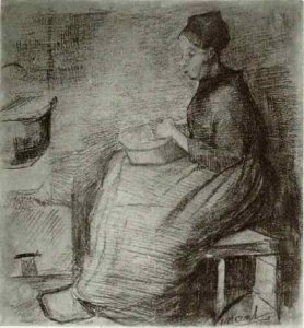 Woman, Sitting by the Fire, Peeling Potatoes