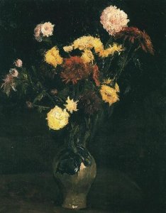 Vase With Carnations And Roses And A Bottle