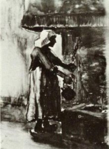 Woman with Kettle by the Fireplace