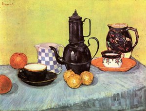 Blue Enamel Coffeepot Earthenware And Fruit