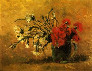 Vase With Red And White Carnations On Yellow Background