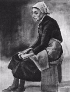 Woman with White Cloth around her Head, Sitting on a Bench