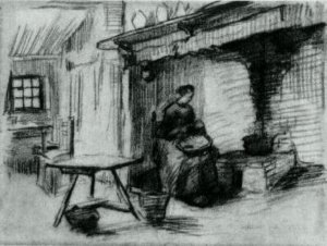 Interior with Peasant Woman Sitting near the Fireplace 2