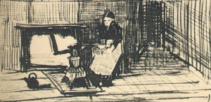 Girl near the Stove, Grinding Coffee