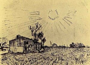 Field with Houses under a Sky with Sun Disk