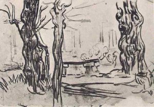 Garden of the Asylum and Tree Trunks and a Stone Bench