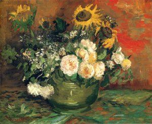 Still life with roses and sunflowers