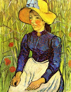 Young Peasant Girl in a Straw Hat sitting in front of a wheatfield