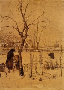 Parsonage Garden in the Snow with Three Figures